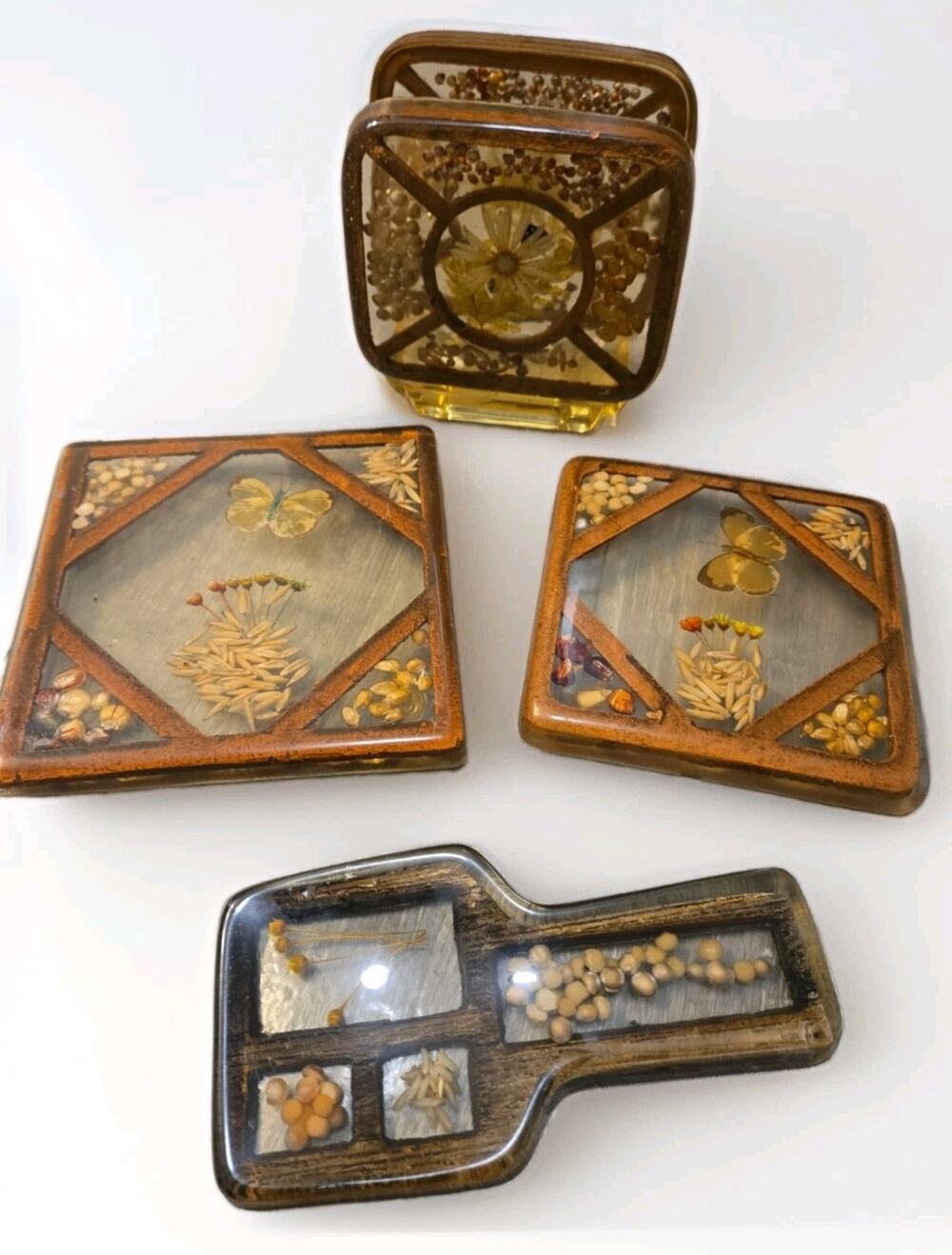 Vintage Lucite Trivet Spoon Rest Napkin Holder Set Dried Flowers Butterfly MCM